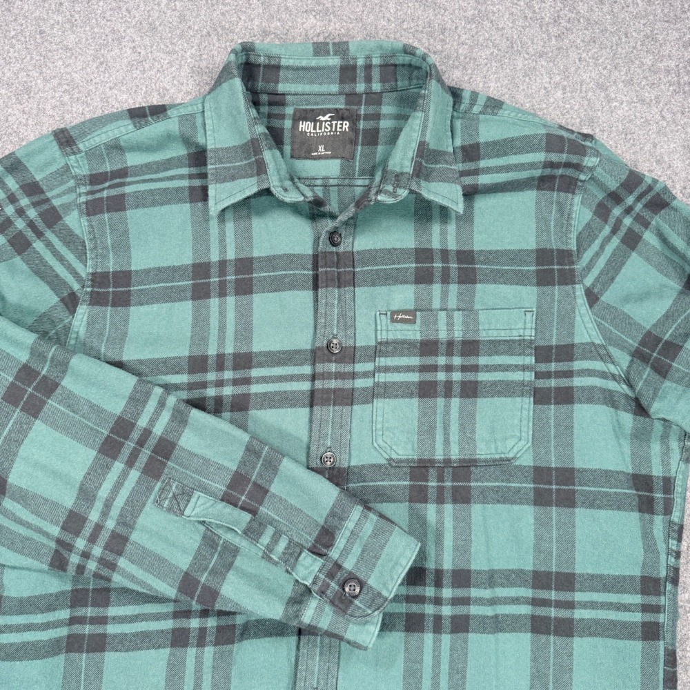 Hollister California Mens XL Green Black Plaid Flannel Button Down Shirt Cotton